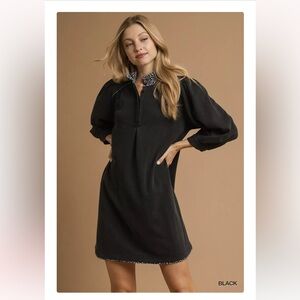 Umgee Black Long Sleeve Dress with Patterned Collar